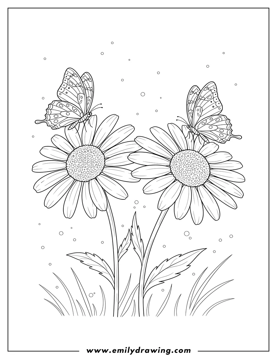Coloring sheet featuring two realistic wild daisy flowers with butterflies