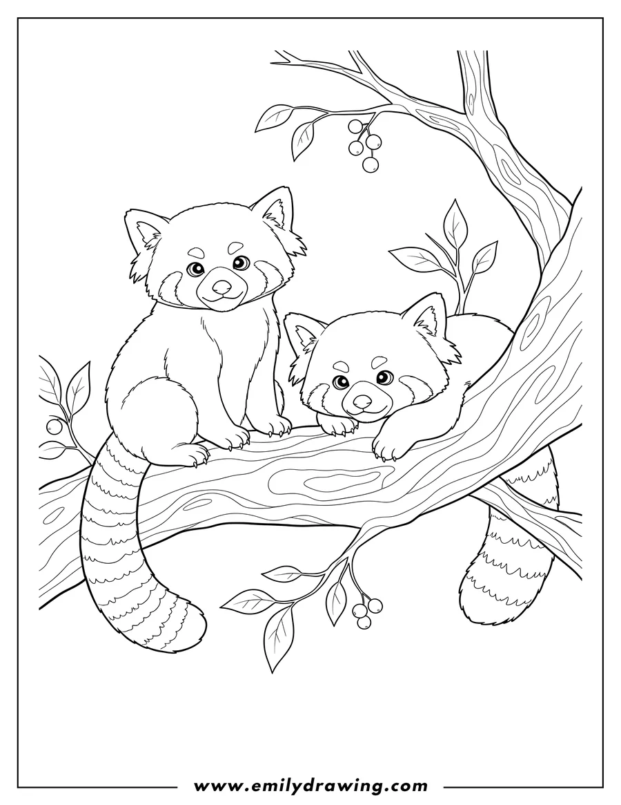Printable coloring page of two red pandas on a tree branch