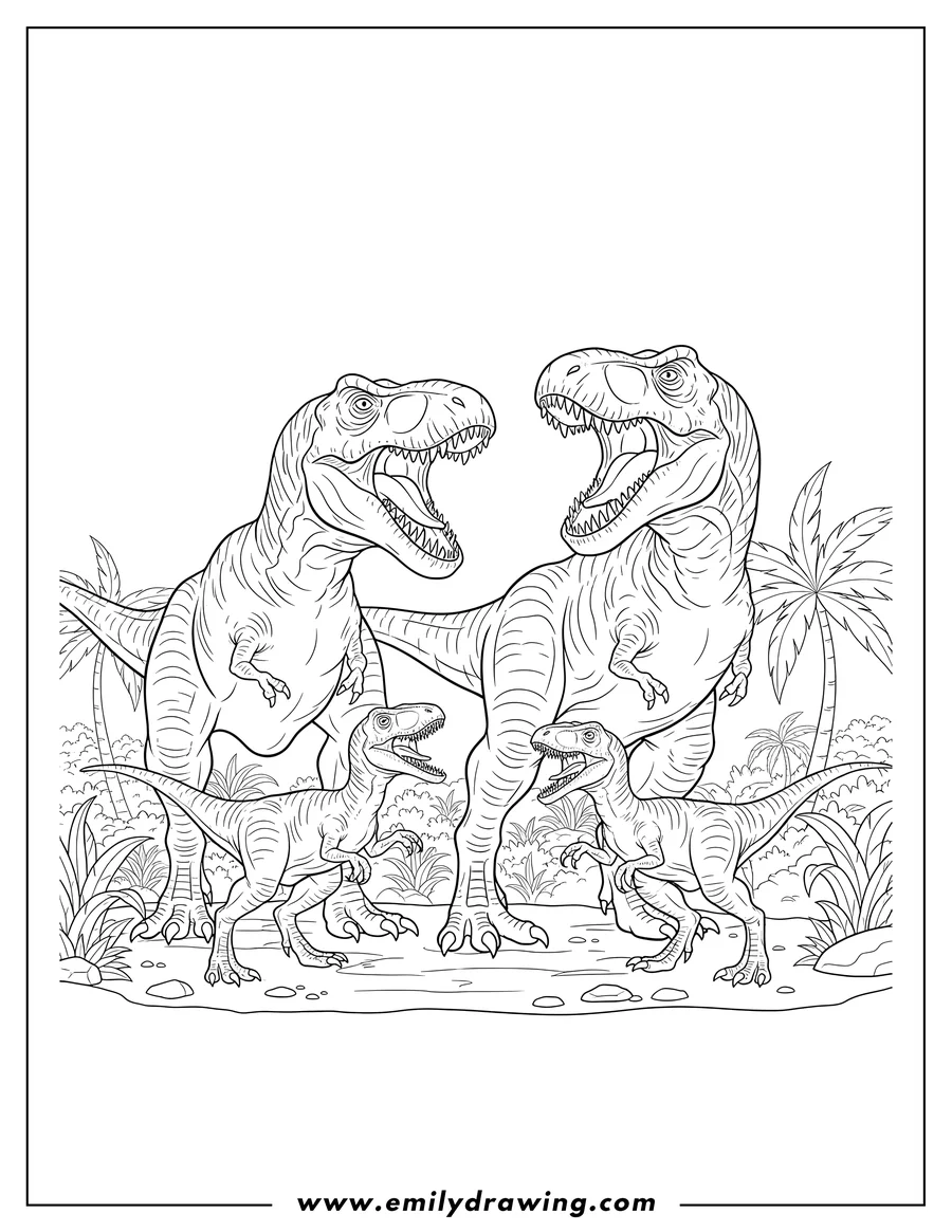 Black and white line art of two Roaring T Rex Dinosaurs and Velociraptors To Color Scaled