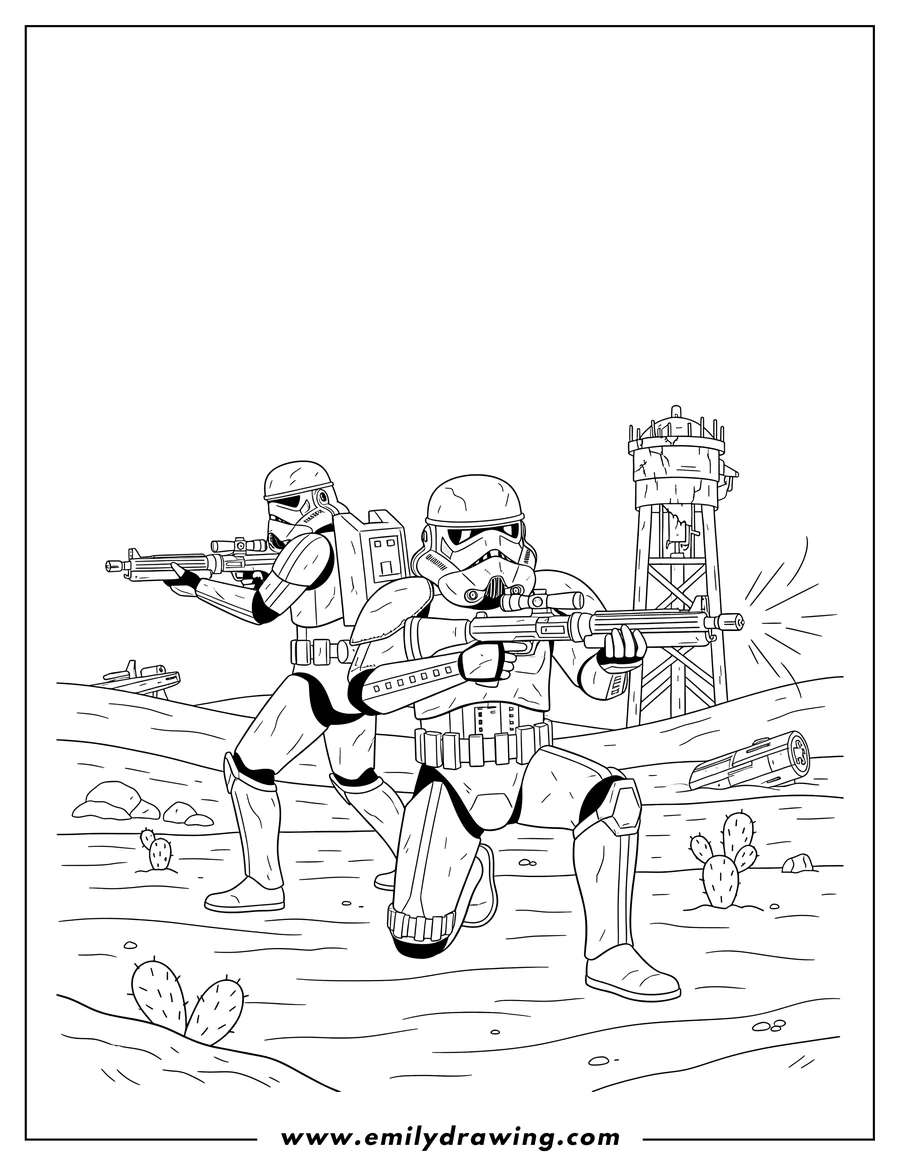 Full page coloring image of two Sand Stormtroopers shooting blasters on a battlefield, one kneeling