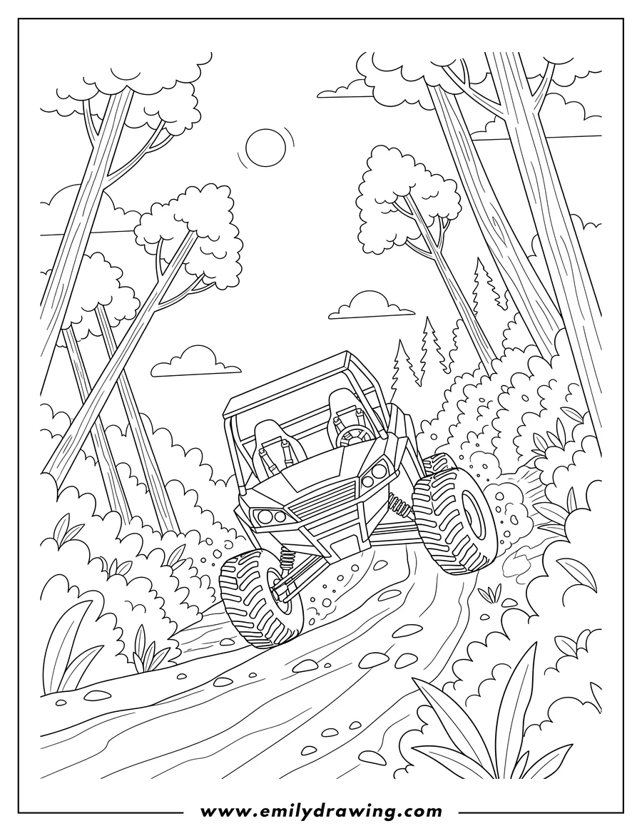 Coloring page of two Seater Sport UTV with large tires driving uphill on a steep forest trail