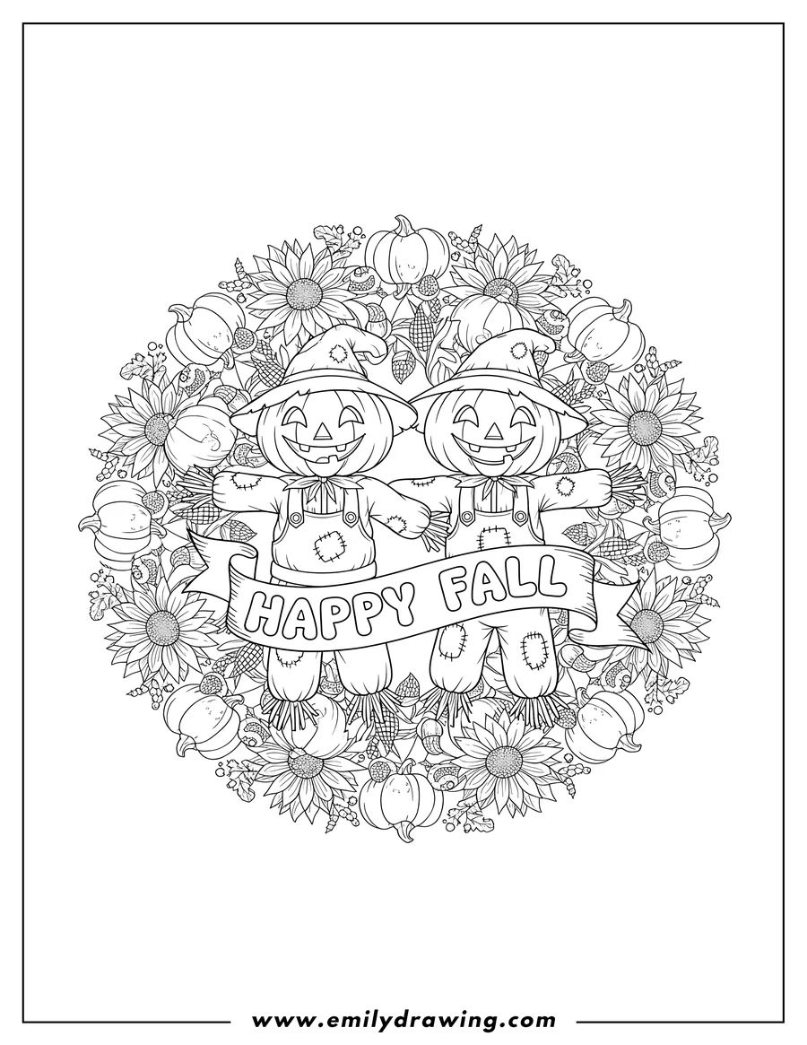 Doodle style coloring picture of two smiling Jack O'Lantern scarecrows holding a 'HAPPY FALL' banner, within a mandala with autumn elements