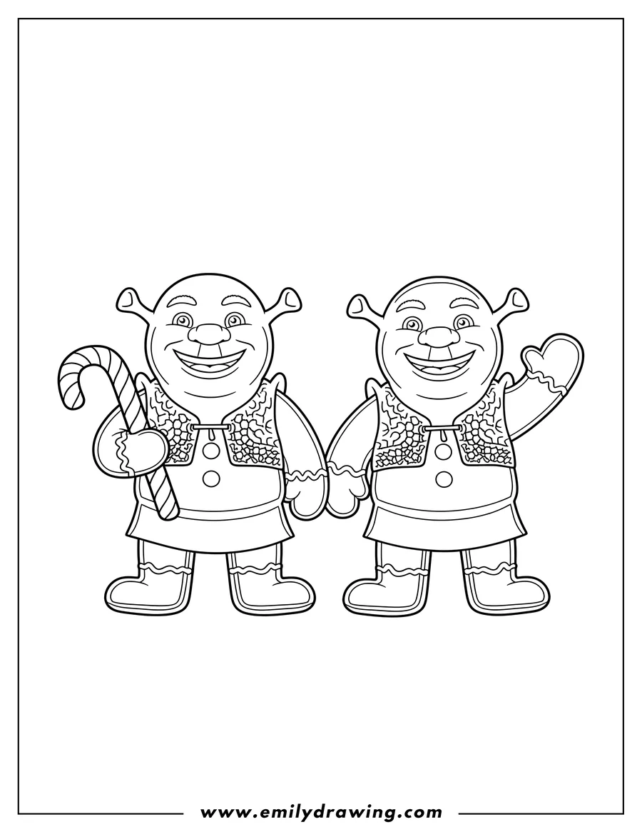 High quality printable two smiling Shrek Gingerbread Men, one holding a candy cane for coloring