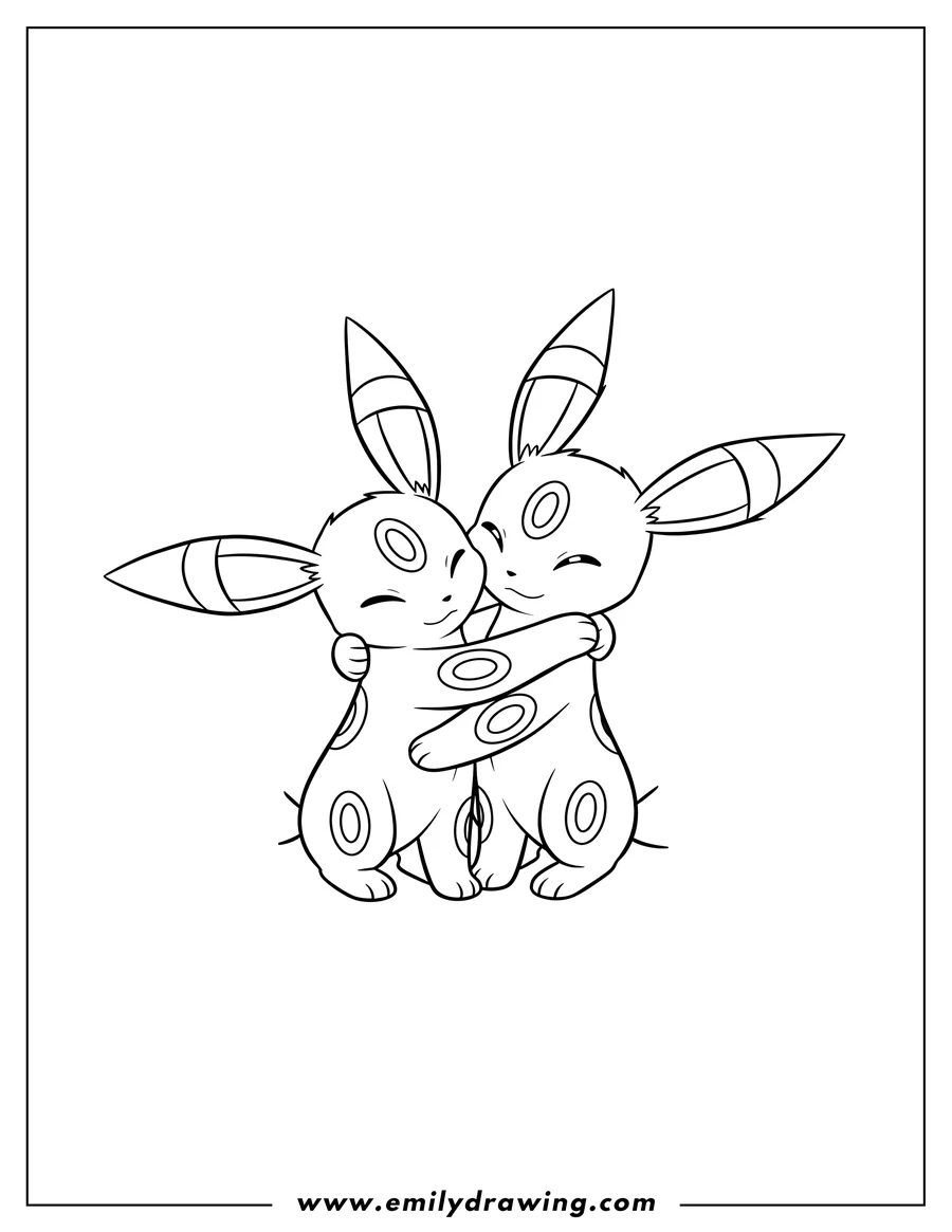 Clean line drawing: two smiling Umbreons hugging, one resting its head on the other