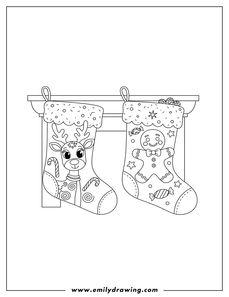 Printable line art of two Christmas Stockings with Retro Reindeer, Candy Canes, and a Gingerbread Man