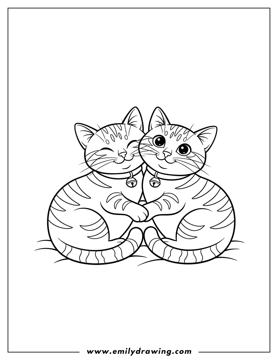Vector style outline of two tabby cats with matching collars, cuddling and smiling, with one cat's eyes closed