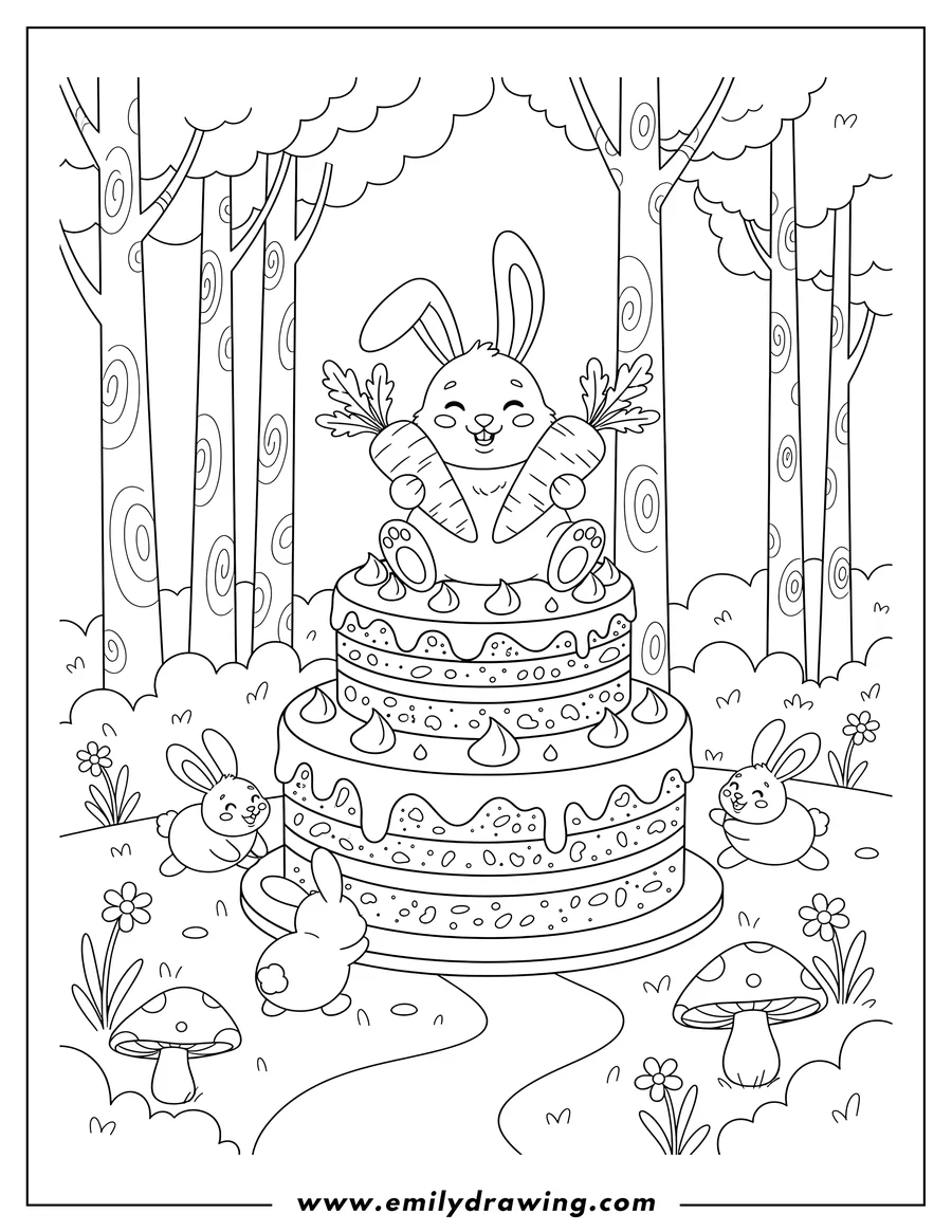 Coloring sheet featuring two-tiered carrot cake with a bunny on top holding carrots, and tiny rabbits around it in a forest