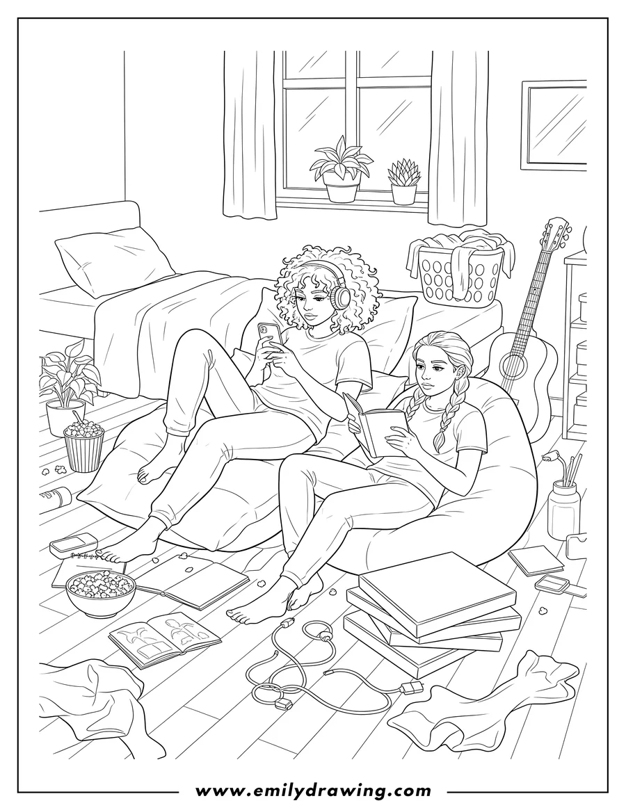 Free printable coloring sheet of two Women Lounging Messy Apartment Bedroom, one wearing headphones and looking at a phone