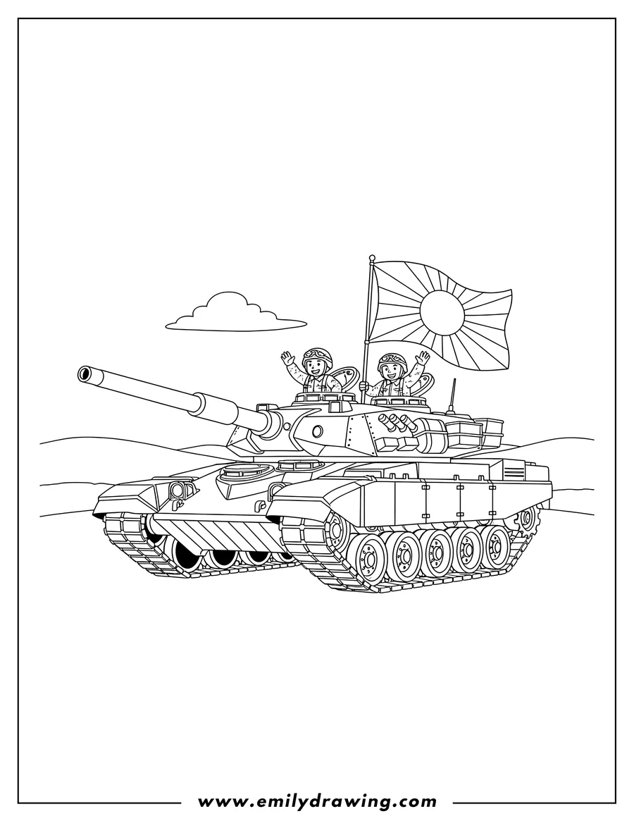 Simple sketch of type 90 Tank with gunners standing in the hatches and a waving Japanese flag to color