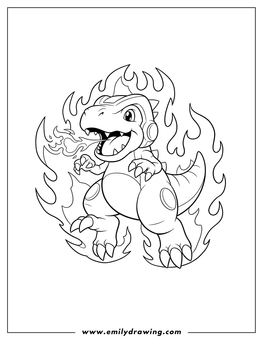 Printable line art of tyrannomon roaring happily while leaping, surrounded by flames