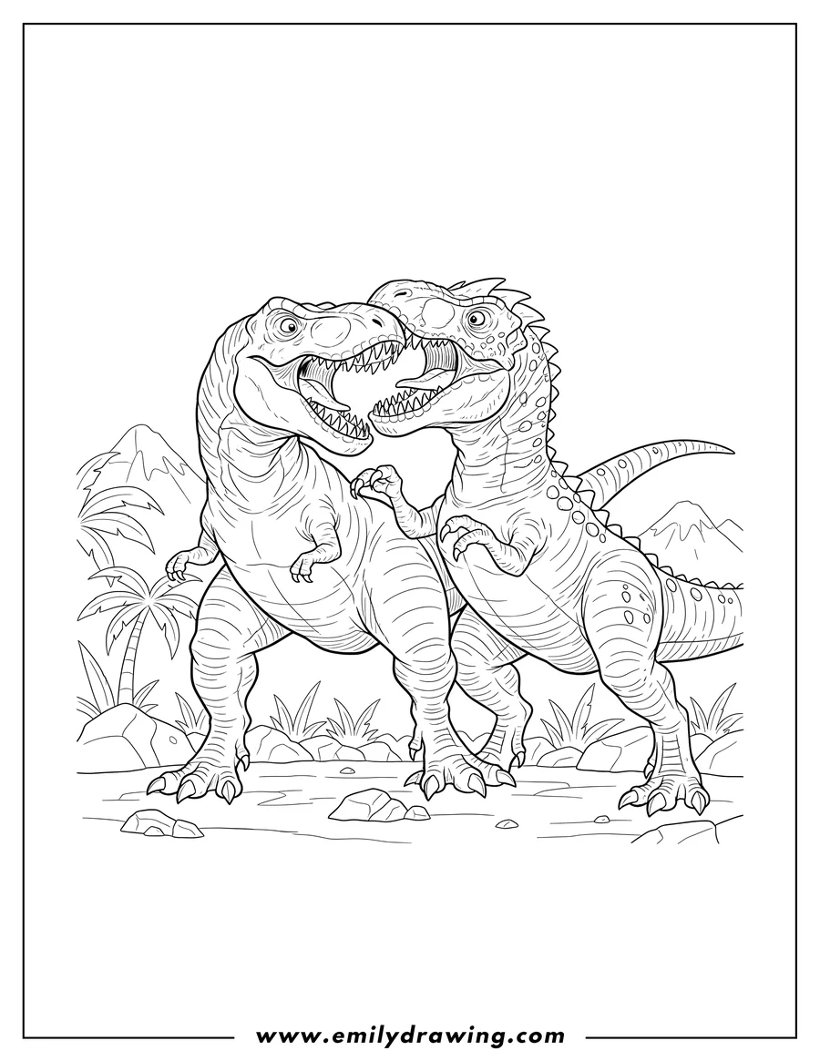 Printable coloring page of tyrannosaurus Rex and Indominus Rex biting and grappling
