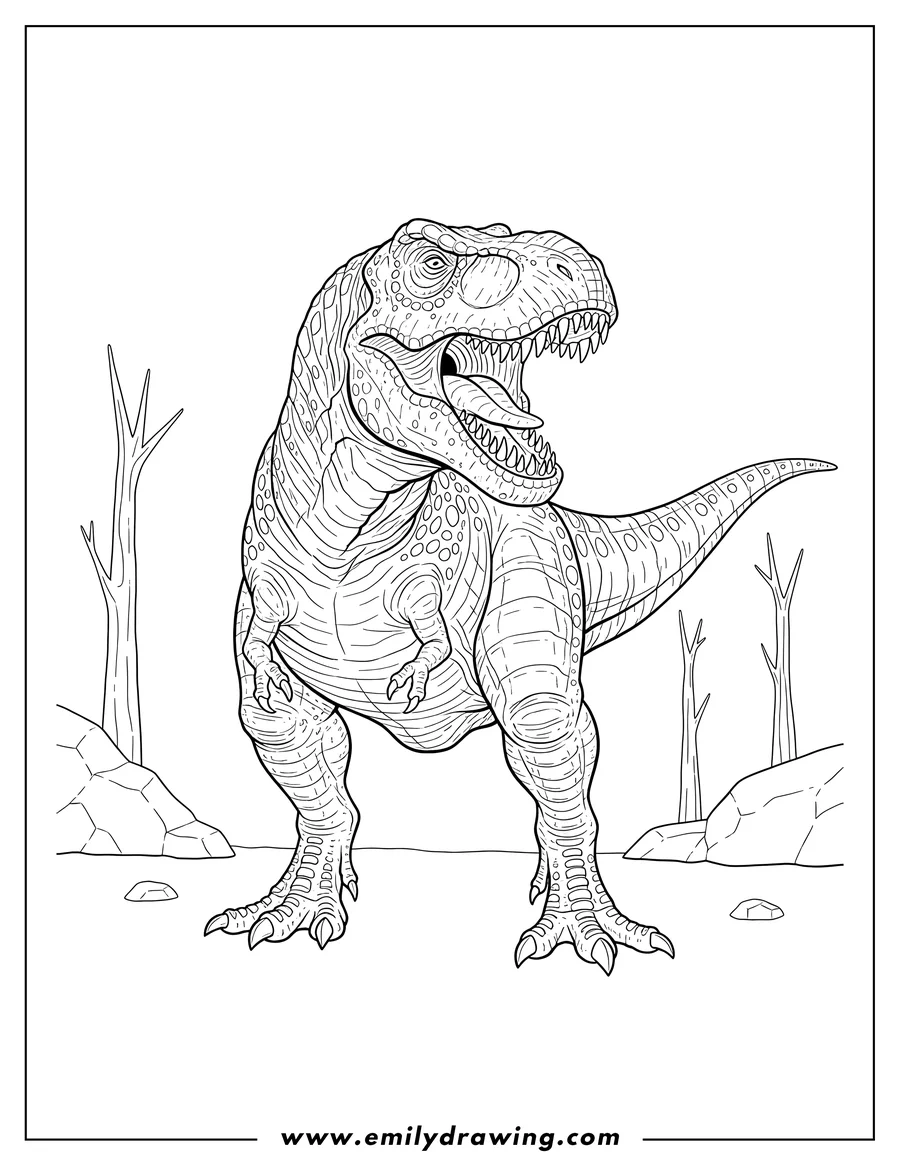 Full page coloring image of detailed Tyrannosaurus Rex Scaled, roaring with its mouth wide open
