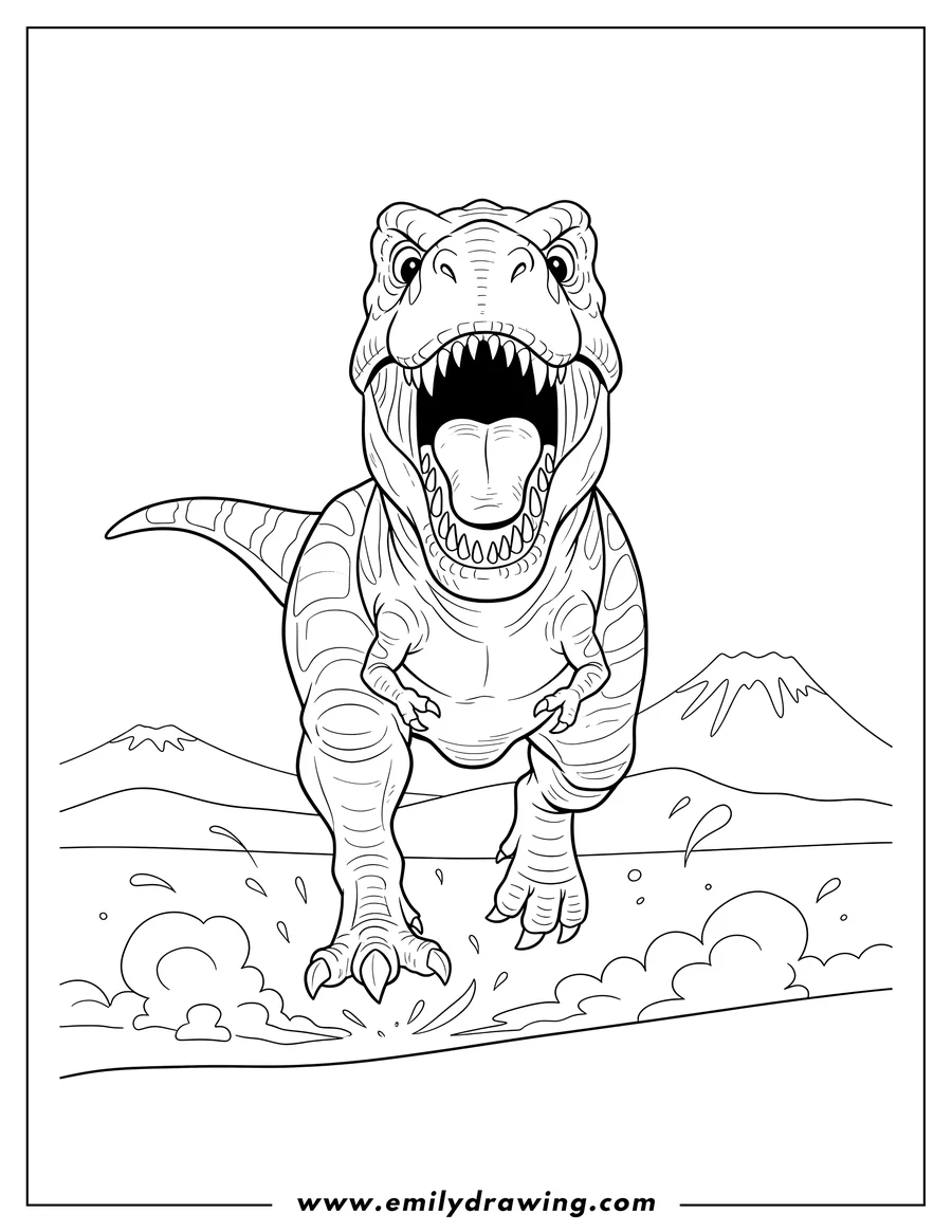 Linear illustration of tyrannosaurus Rex Running With Open Jaw, roaring directly at the viewer