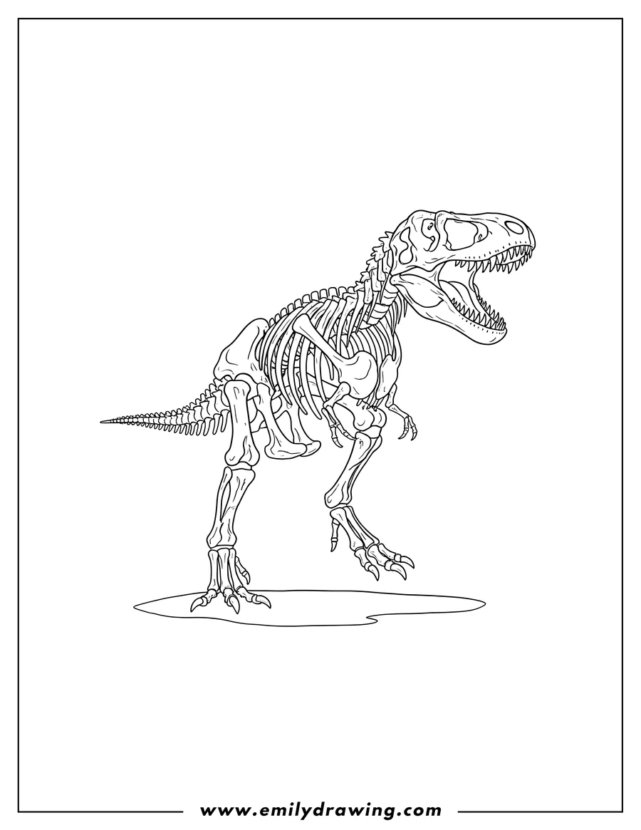 Downloadable coloring page of tyrannosaurus Rex Skeleton Scaled, walking with its mouth open
