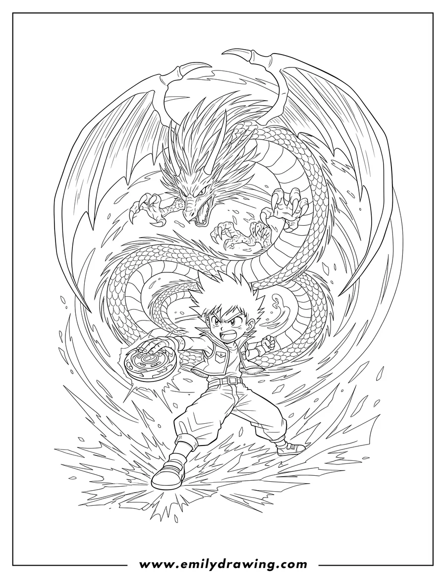 Coloring page of tyson launching Dragoon Beyblade with an open mouth, as Dragoon's powerful form manifests