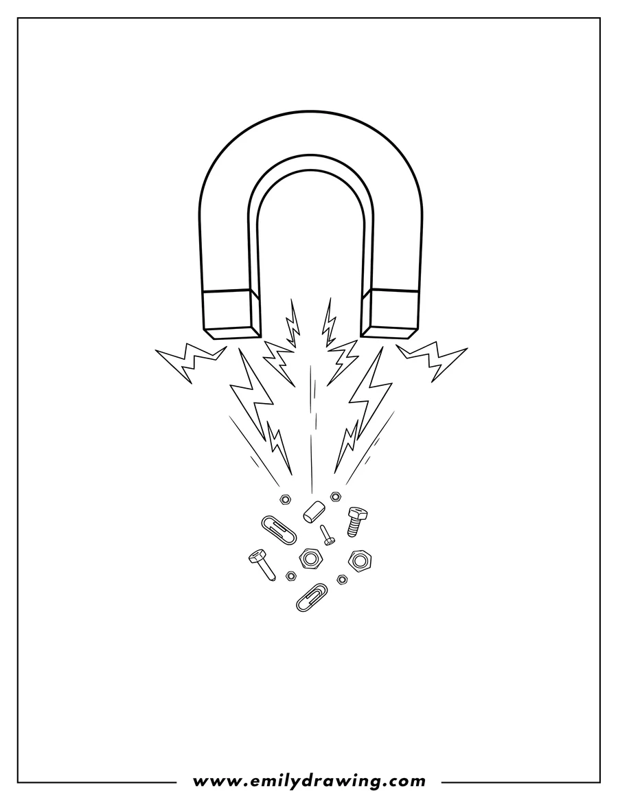 Printable coloring page of U-shaped magnet showing magnetic force with lightning bolts