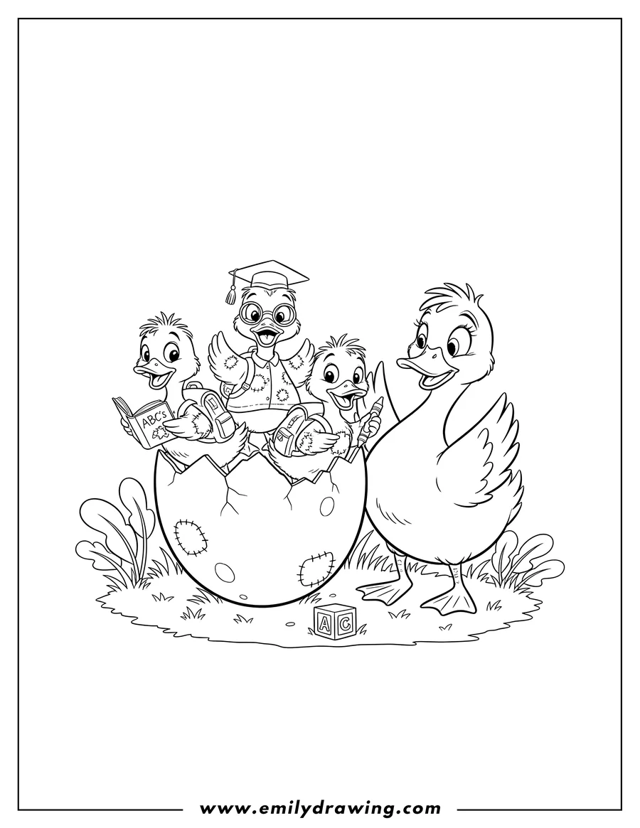 Downloadable coloring page of ugly Duckling Preschoolers hatching from an egg, with a surprised mother duck