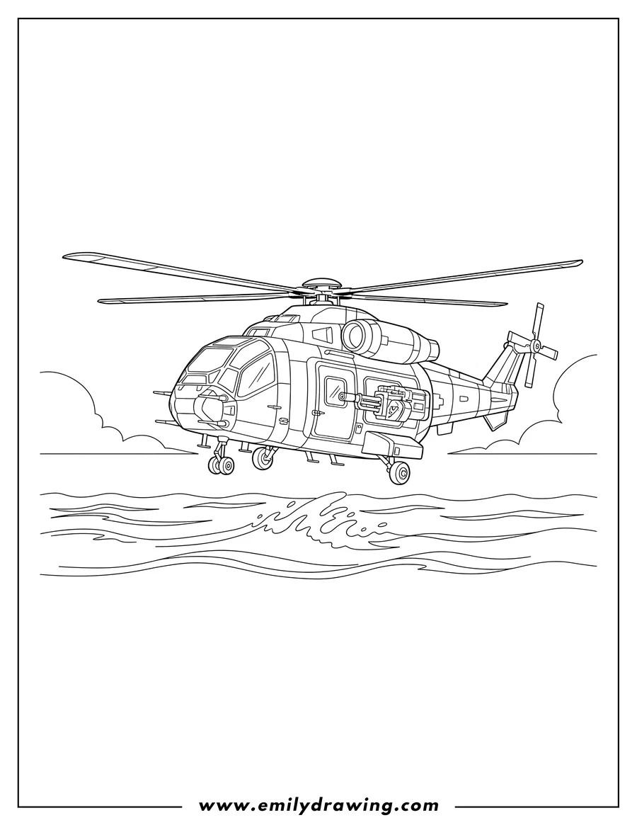 Coloring page for kids: halo UNSC UH-144 Falcon flying low over the sea, with a visible side turret