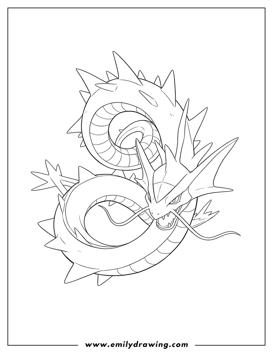 PDF style coloring page: ultimate Rayquaza Outline, showcasing its powerful head and long, winding body in a dynamic pose