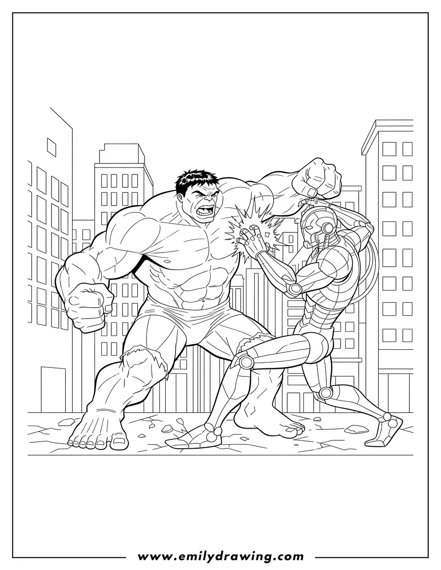 Simple sketch of ultron and Hulk fighting in a city to color