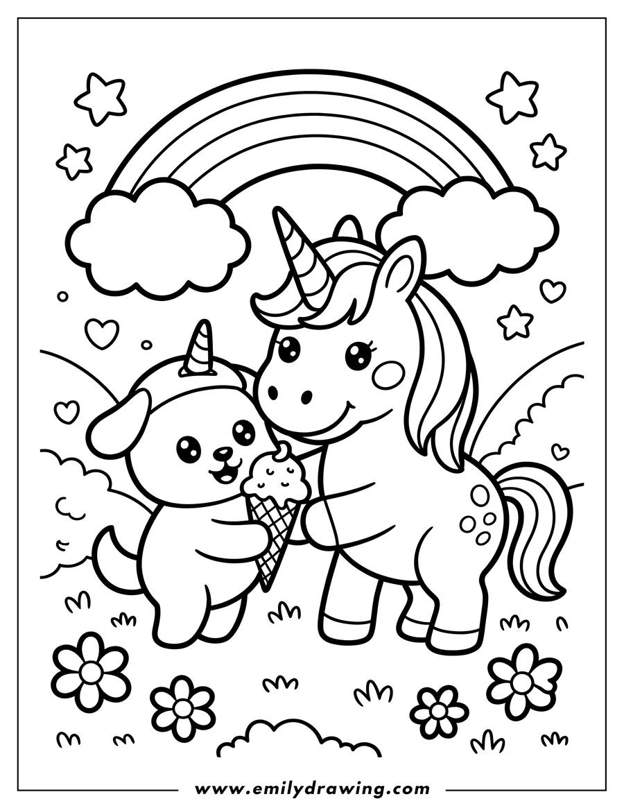 Black and white line art of unicorn