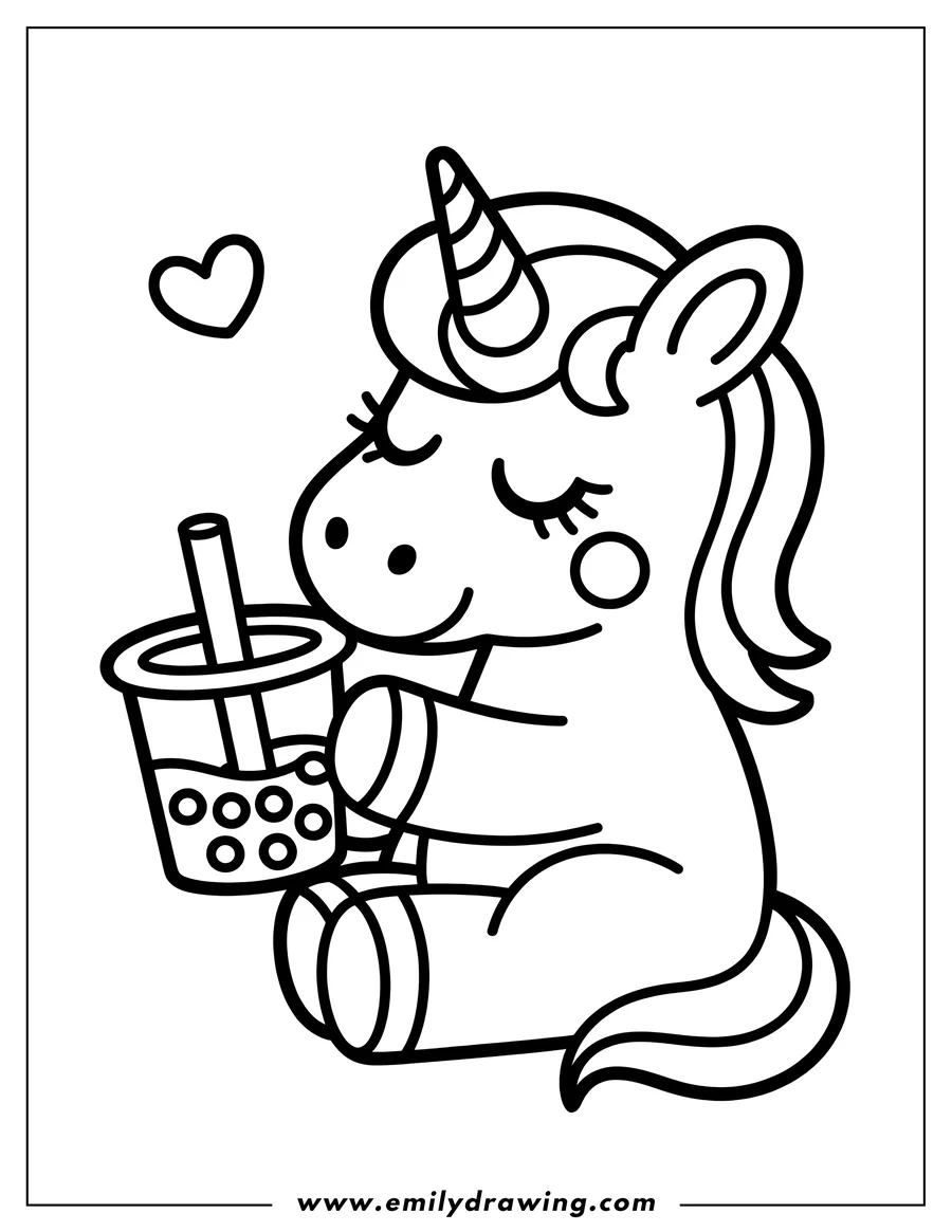 Line art of a unicorn sitting down and holding a cup of boba tea, with a small heart above its head.
