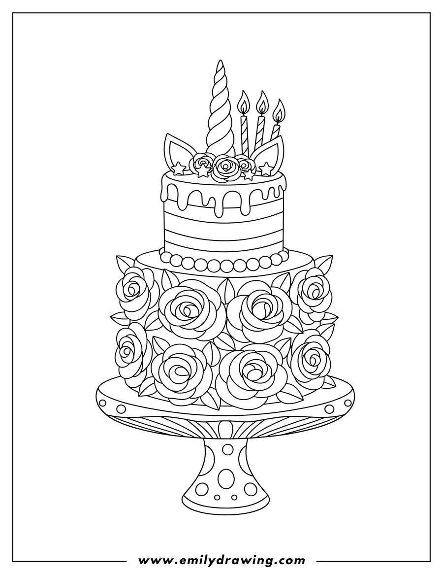 Simple sketch of unicorn Cake On Pedestal with horn, candles, and frosting roses to color