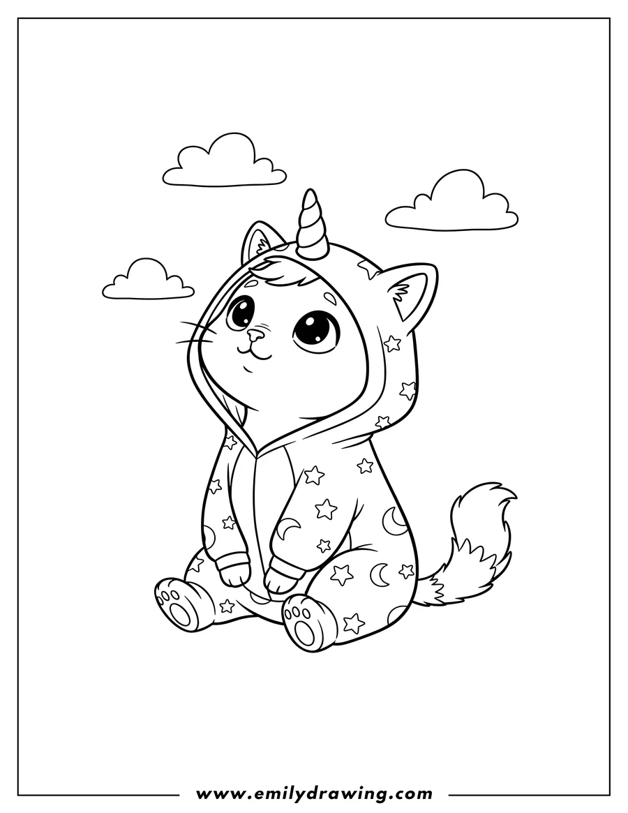 Coloring page of unicorn Cat Wearing Hooded Onesie, sitting and looking up