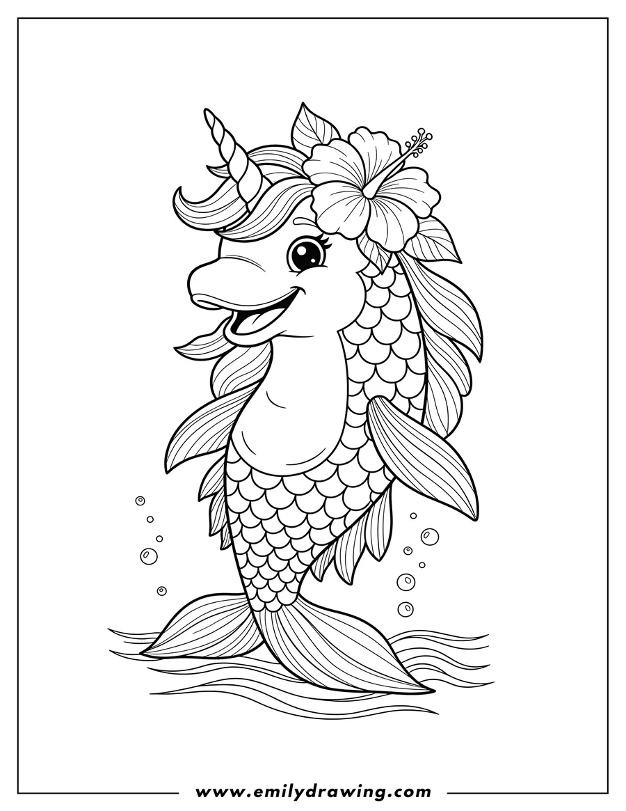 Full page coloring image of unicorn Dolphin Scaled, smiling with a flower