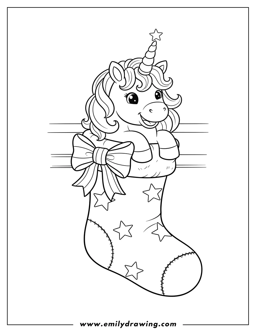 Printable line art of unicorn in a Christmas stocking decorated with stars and a bow