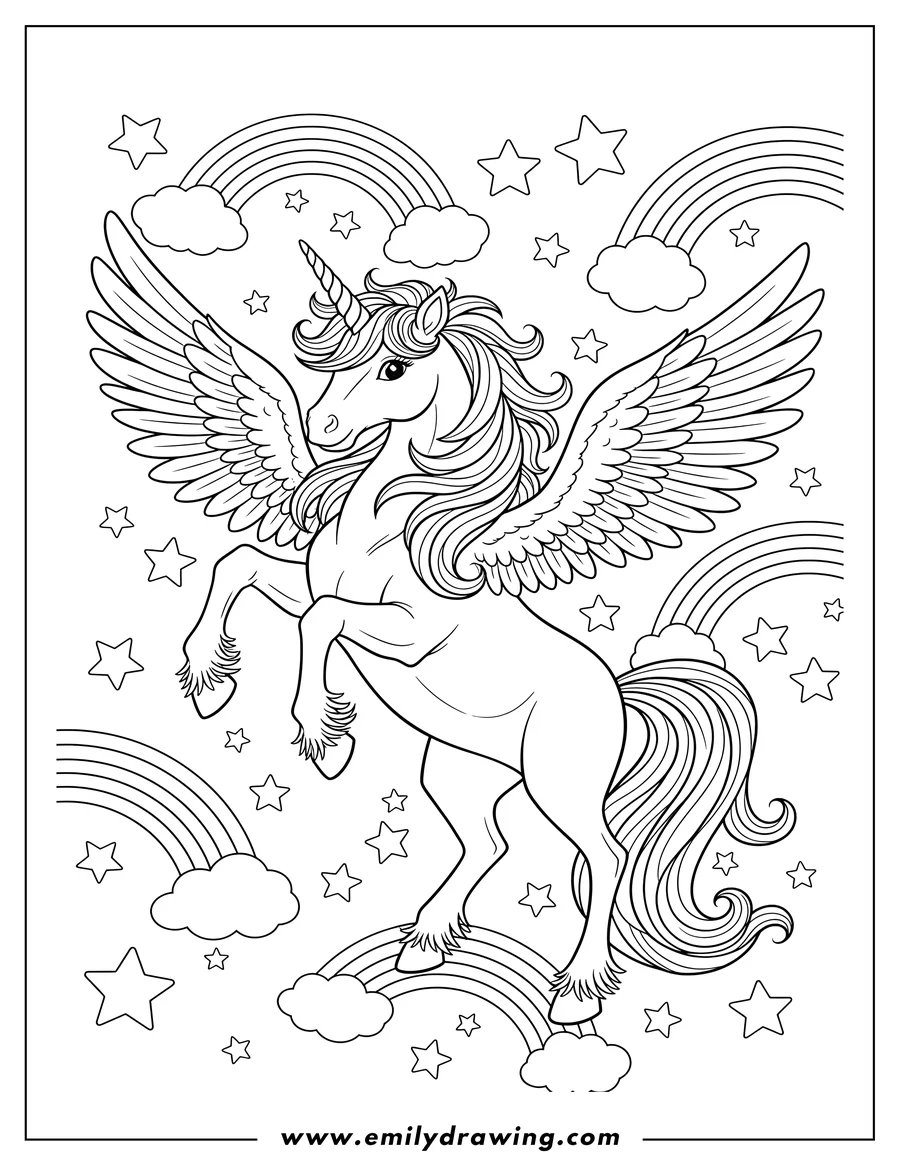 Printable coloring page of lisa Frank Unicorn Markie rearing with spread wings, amidst stars and rainbows