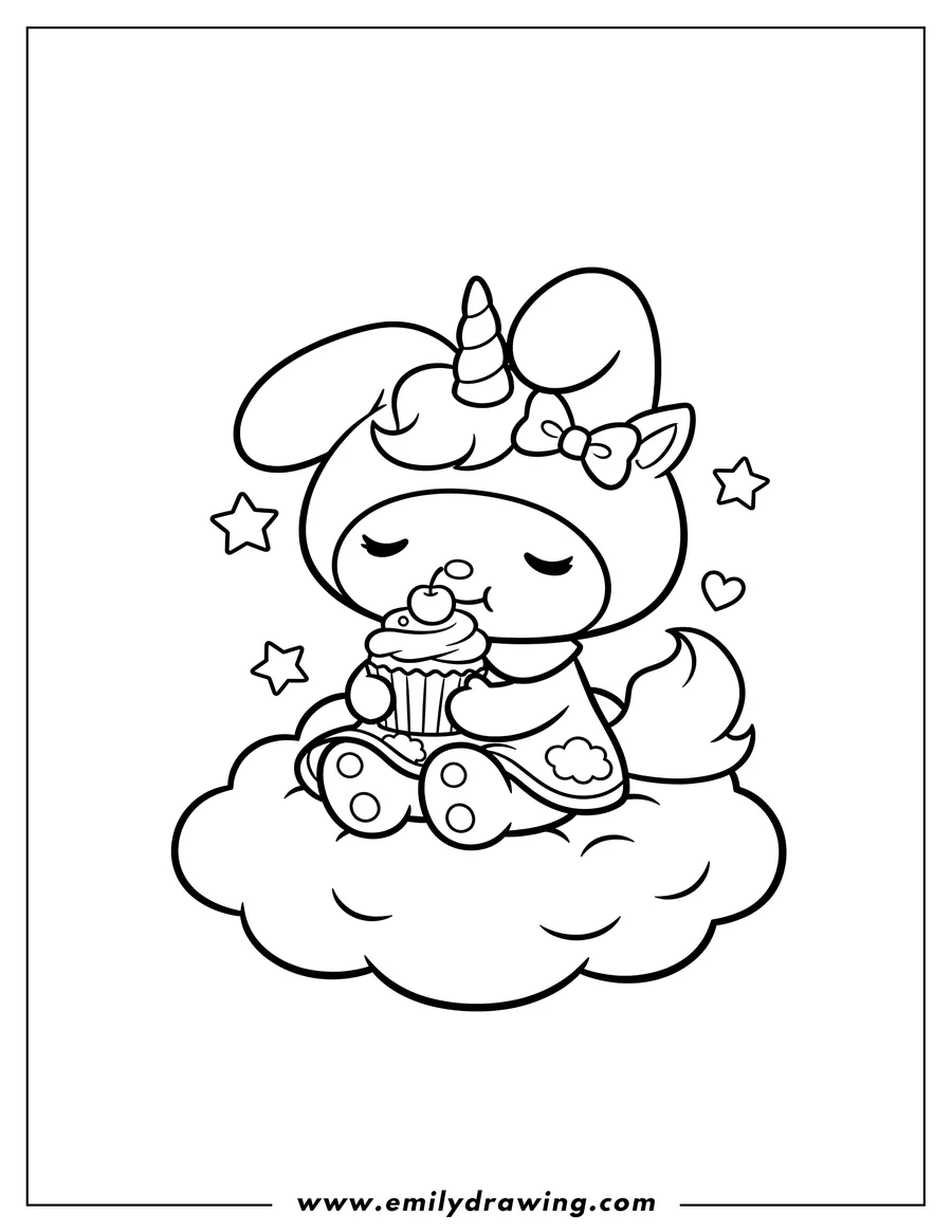 Clean line drawing: unicorn My Melody eating a cupcake, sitting on a cloud with eyes closed