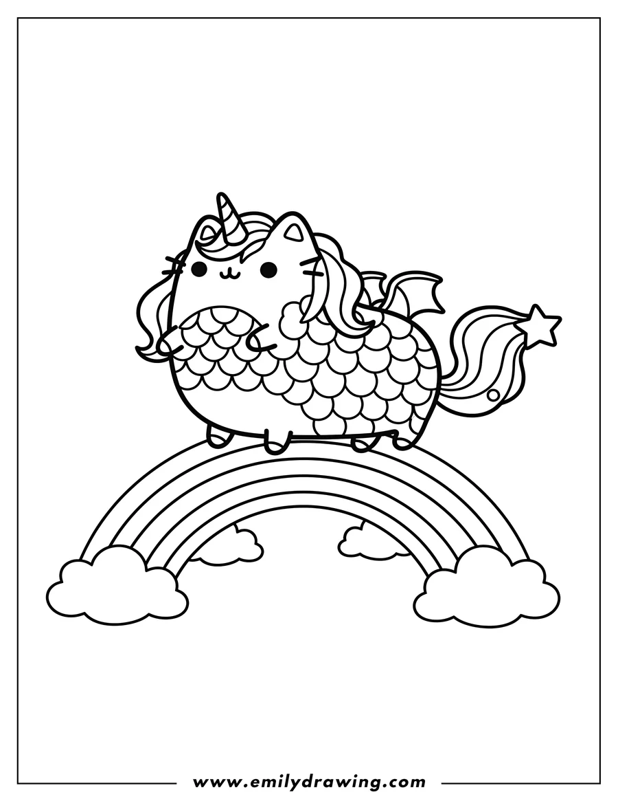 Printable coloring page of unicorn Pusheen Cat Scaled standing on a rainbow