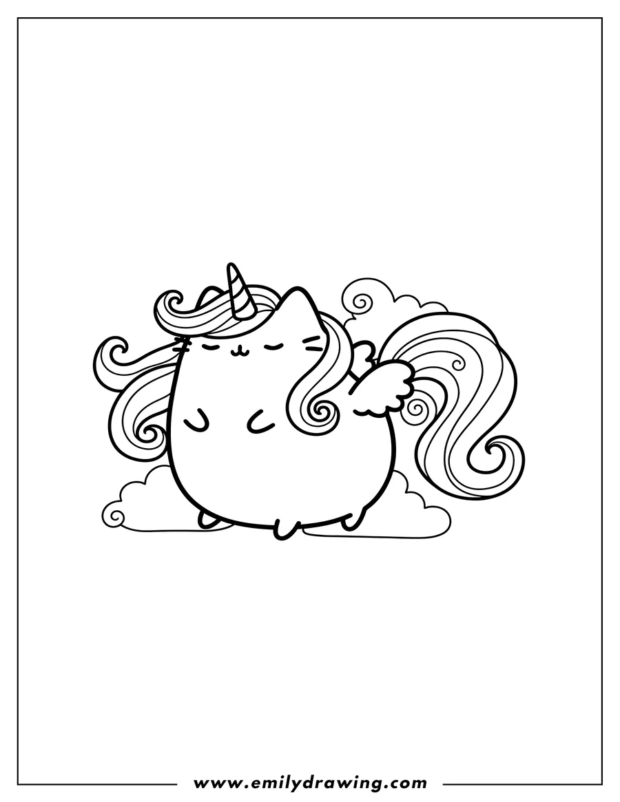 Clean line drawing: unicorn Pusheen with closed eyes, flowing mane, and tail
