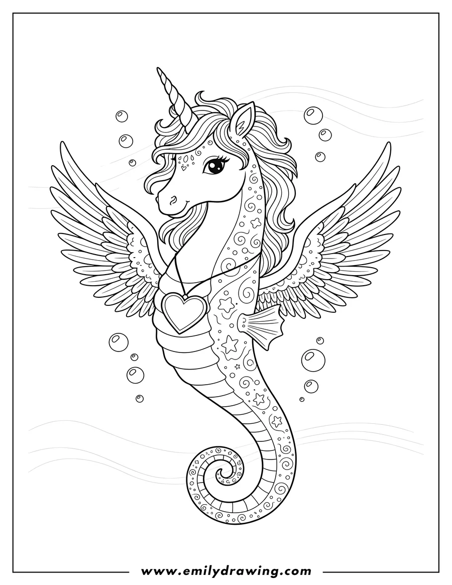 Printable coloring page of unicorn Seahorse wearing a necklace and wings