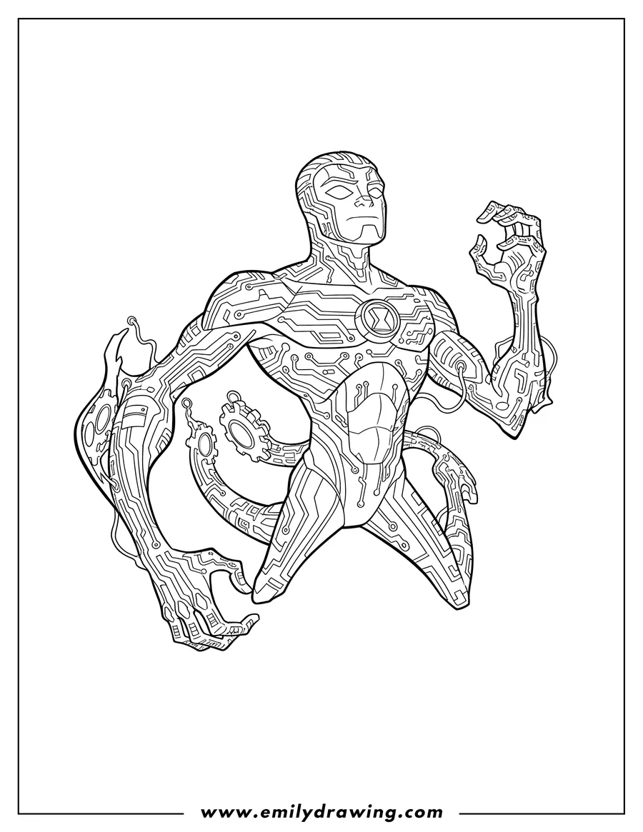 Coloring page of ben 10 Upgrade stretching and morphing, with circuit patterns and an Omnitrix symbol