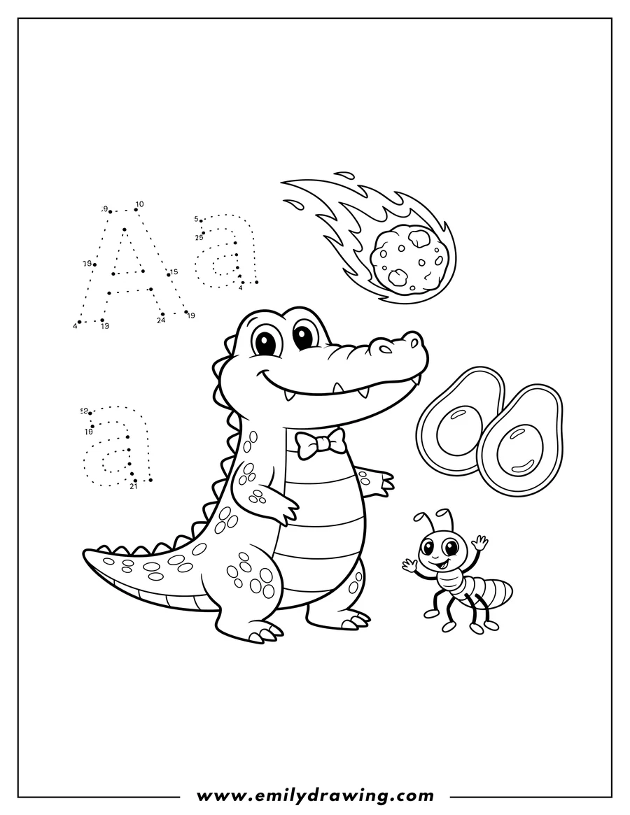 Simple sketch of upper and lowercase dot art A, a smiling cartoon alligator, a falling asteroid with a fiery trail, two avocado halves, and a smiling cartoon ant to color