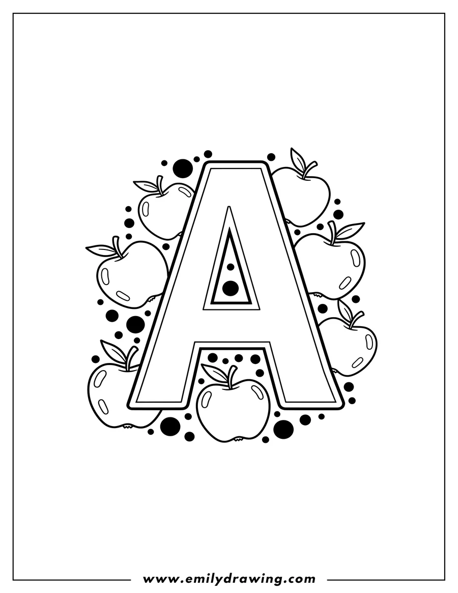 Linear illustration of uppercase A surrounded by outline apples and dots, coloring page