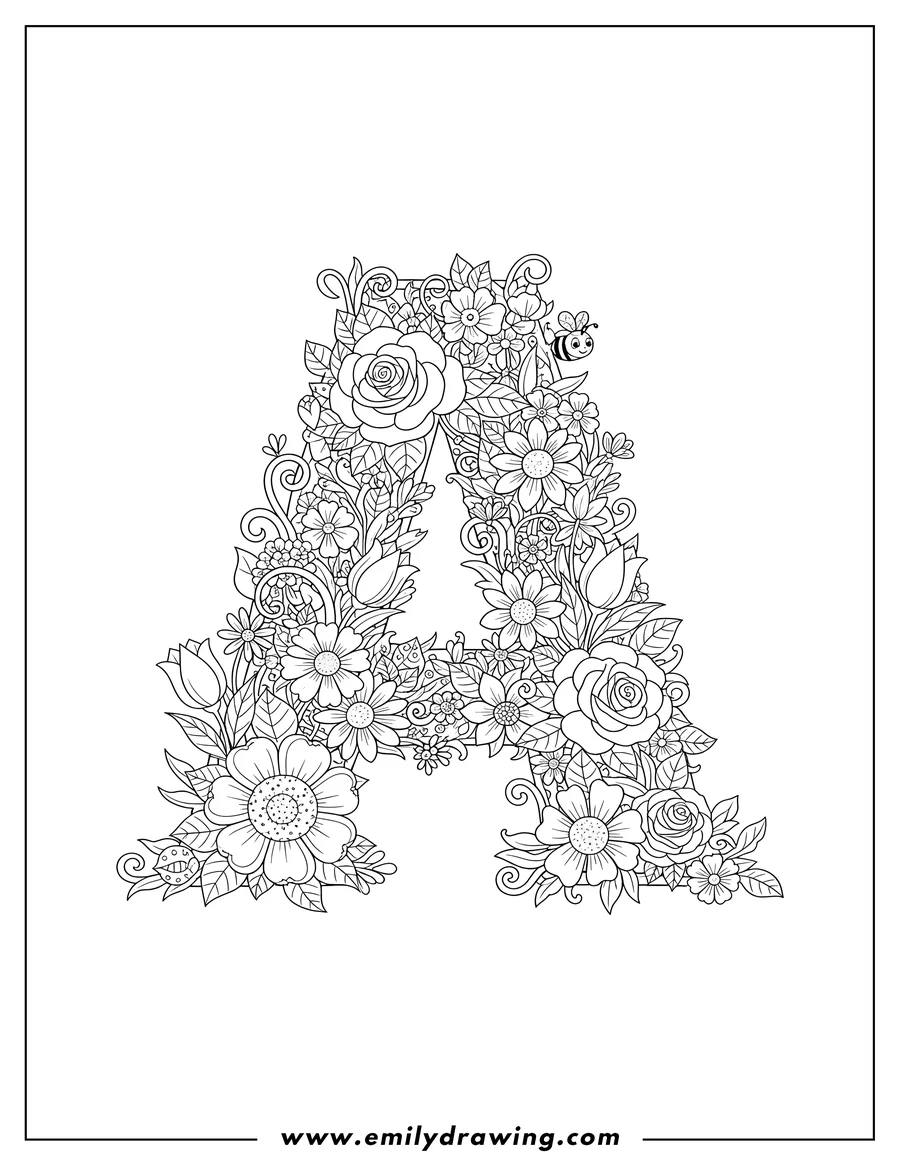PDF style coloring page: uppercase letter A decorated with flowers