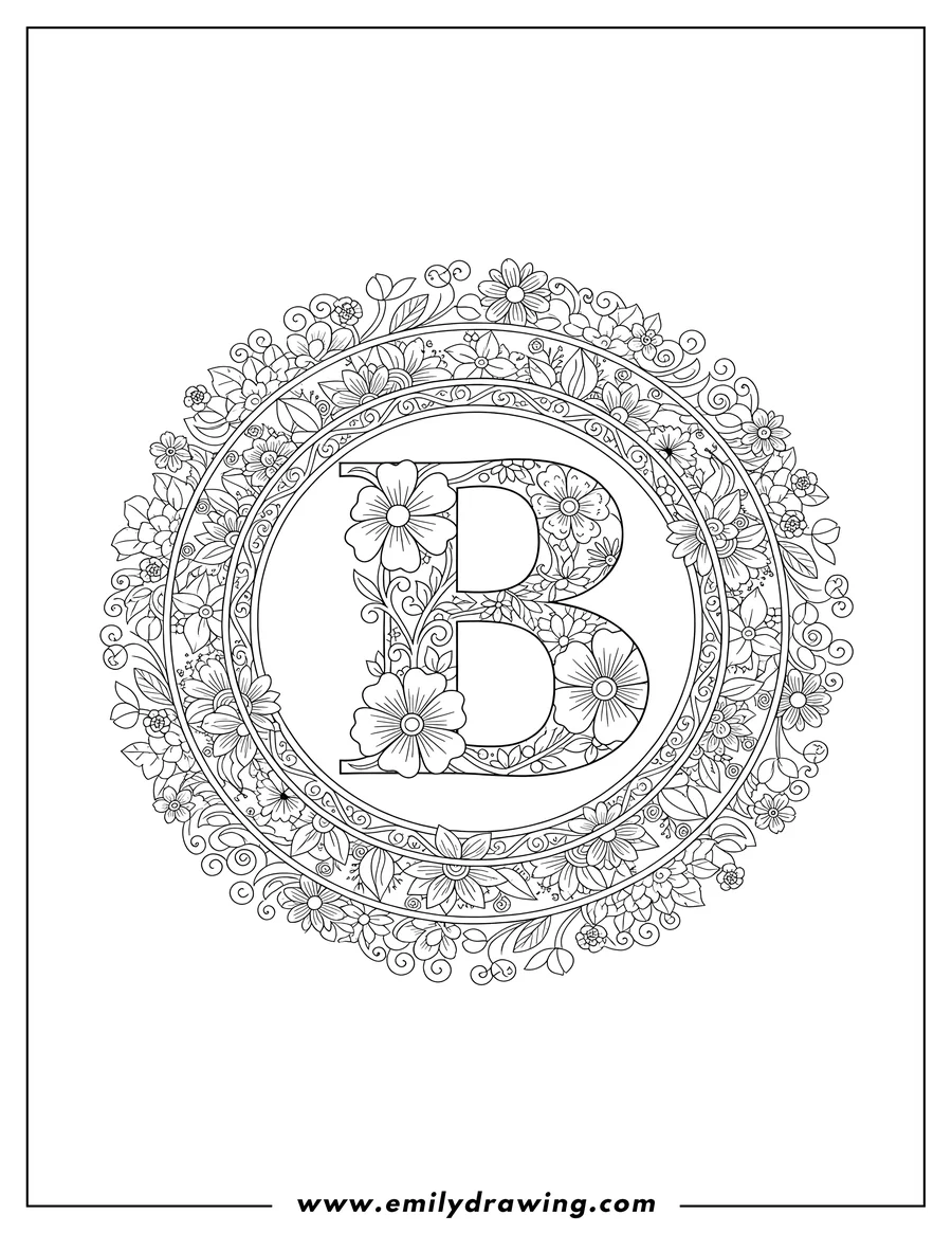 Outline drawing of uppercase Letter B Flower Mandala, intricate floral and leaf patterns for coloring