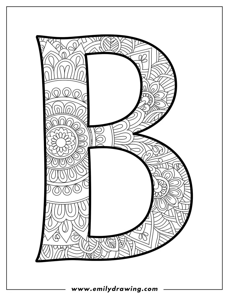 Doodle style coloring picture of uppercase Letter B filled with intricate mandala patterns