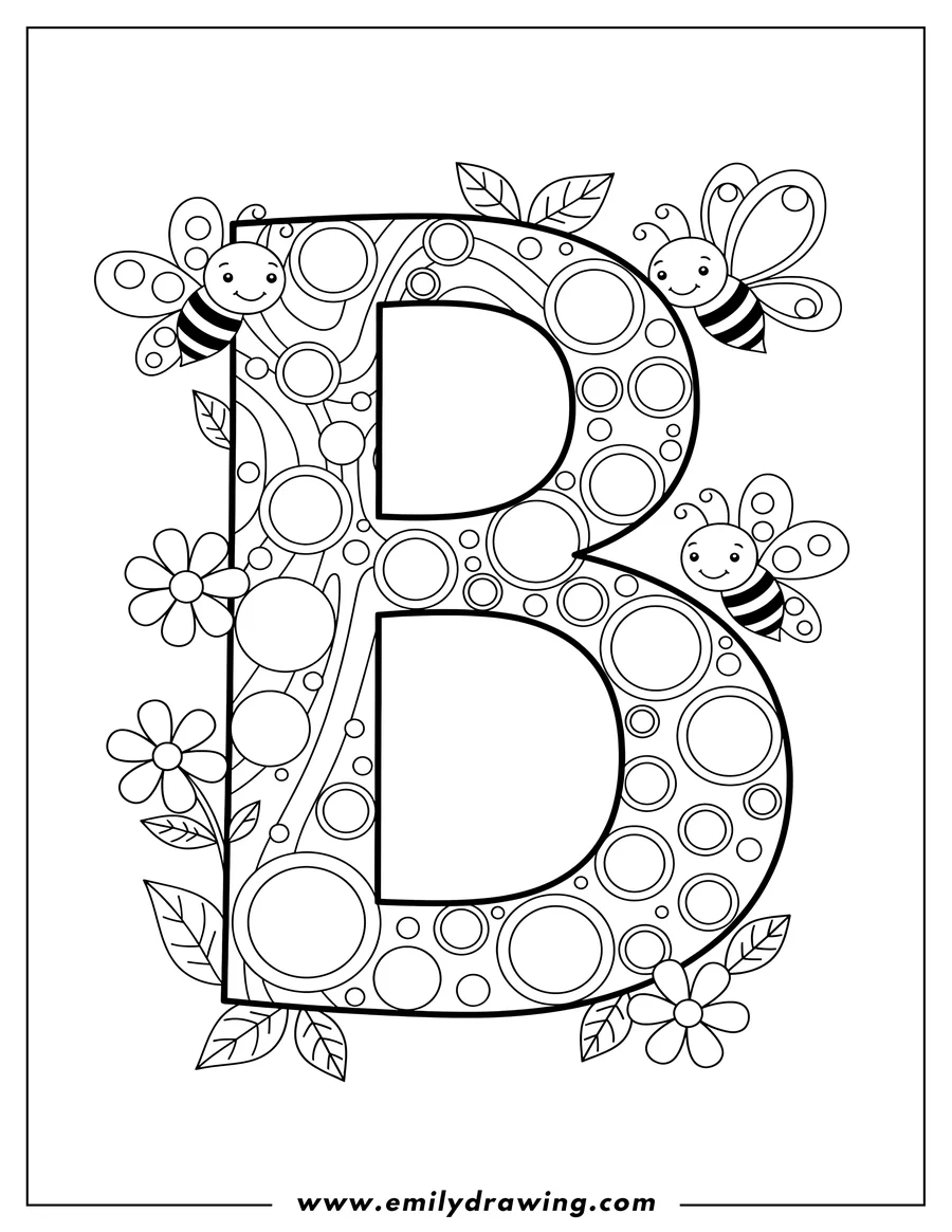 Black and white line art of uppercase Letter B with empty circles for coloring, for preschoolers