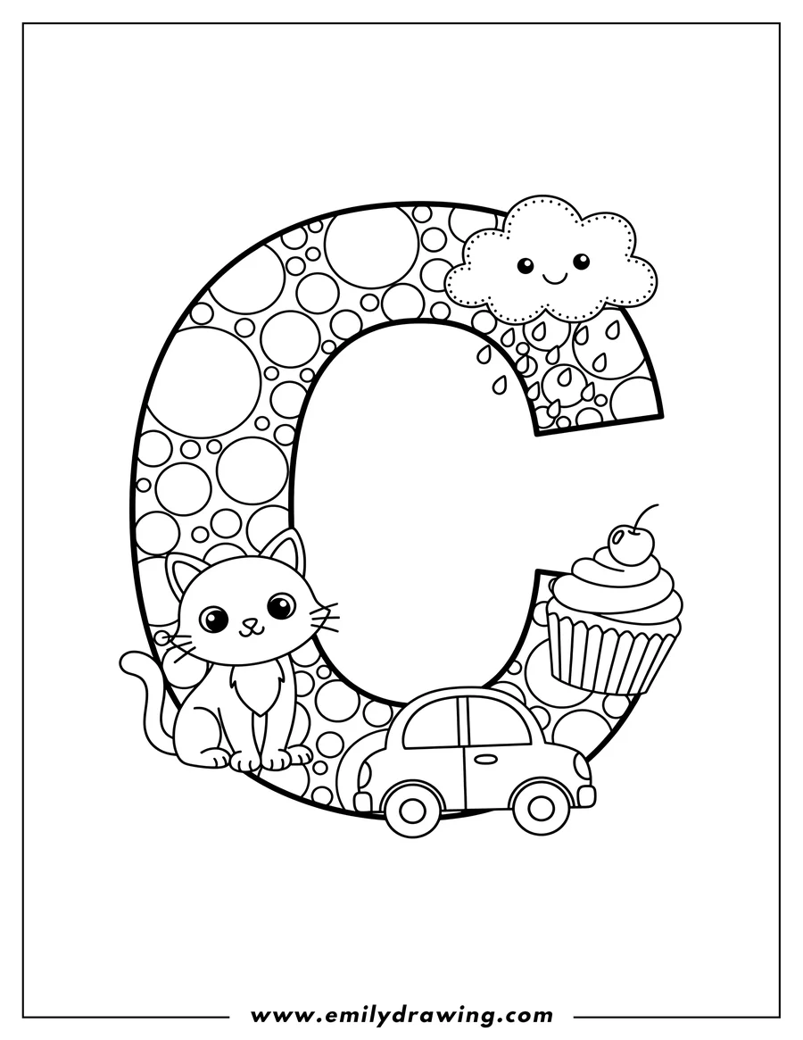Simple sketch of uppercase Letter C for dot art coloring page to color