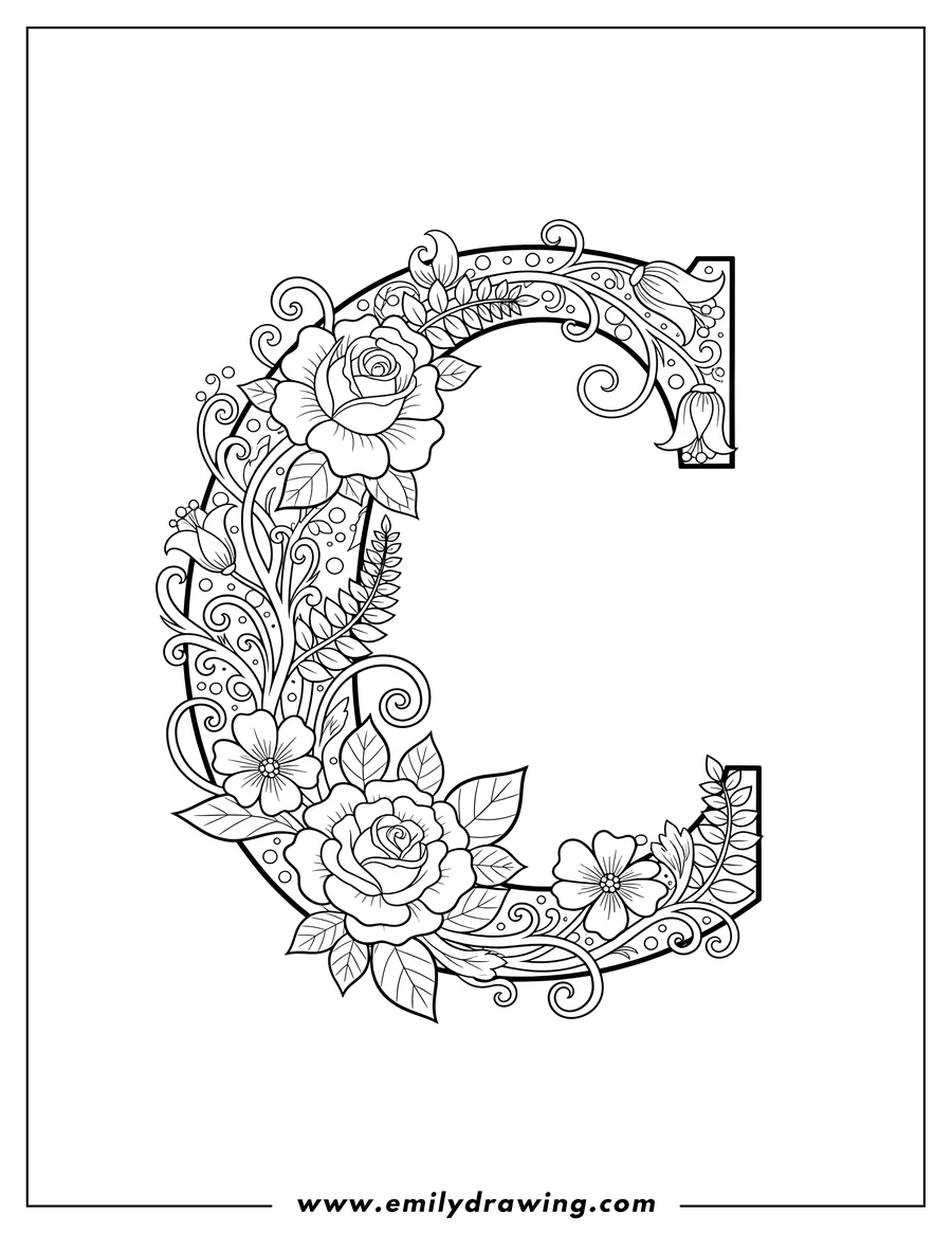 Clean line drawing: uppercase Letter C with intricate floral design, intertwined with flowers and leaves