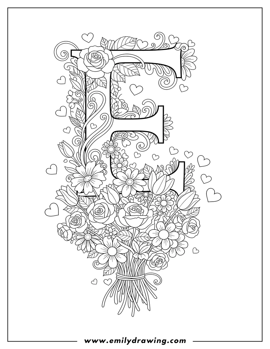 Printable coloring page of uppercase Letter E With Flowers, a large bouquet, and scattered hearts