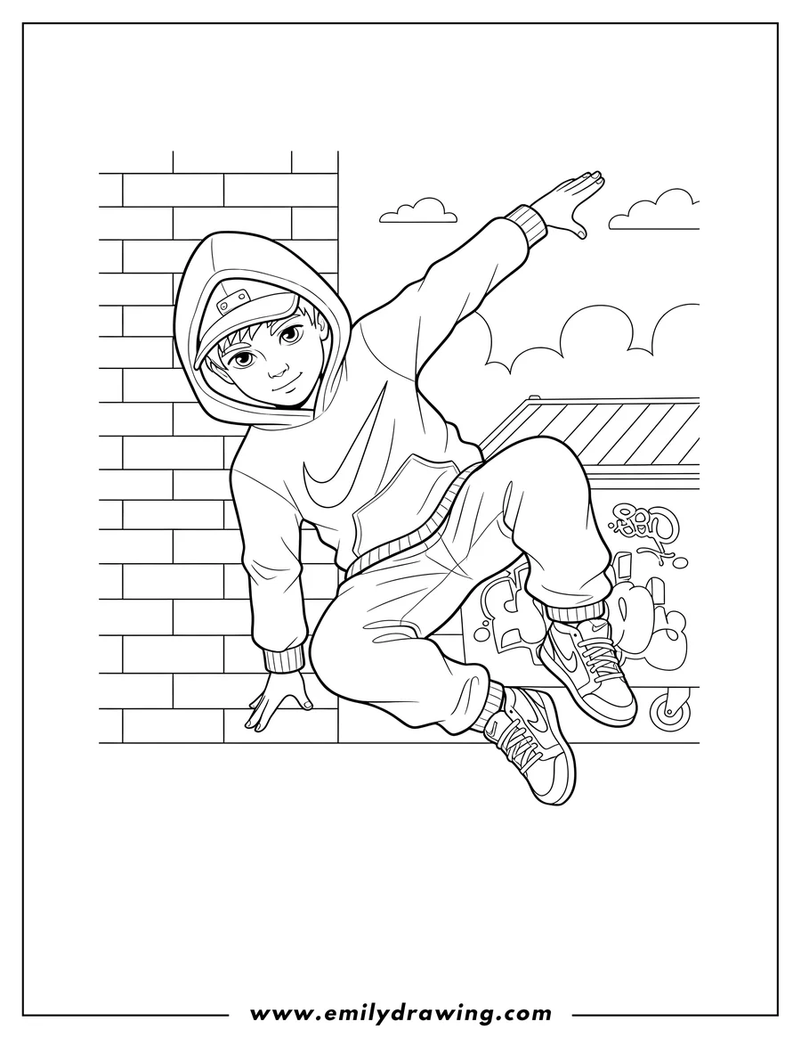 Vector style outline of urban Street Dancer Nike Hoodie And Sneakers, with hood up, performing a dance move