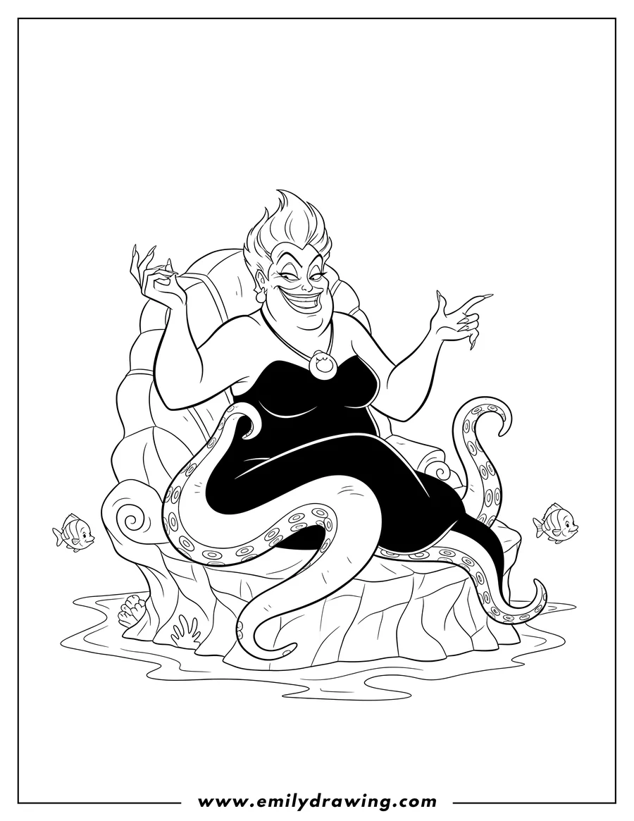 Printable coloring page of ursula Disney sitting and gesturing