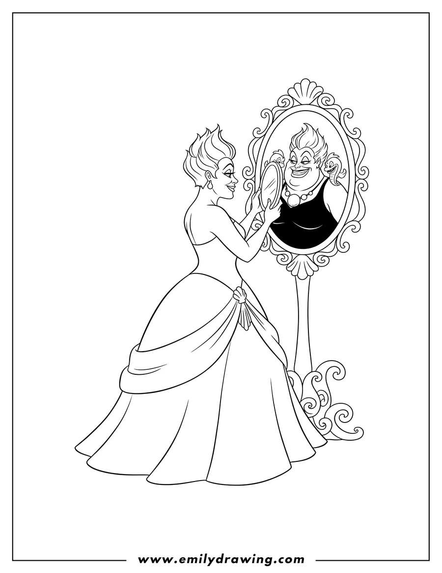 Outline drawing of ursula's Human Form Looking at a Mirror, with her sea witch form reflected