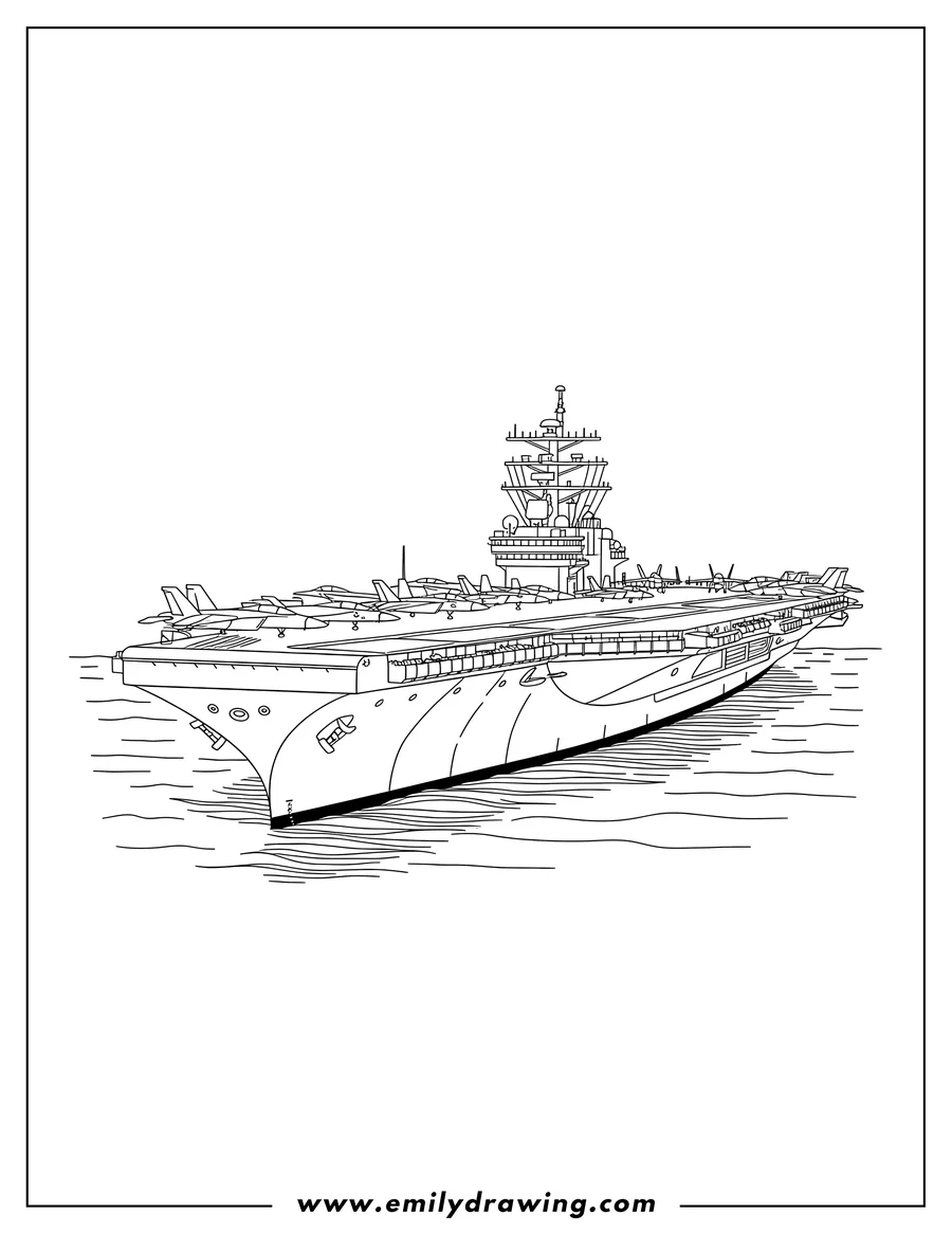 Downloadable coloring page of US Navy Aircraft Carrier Warship with jets on its deck and a control tower, sailing on the water