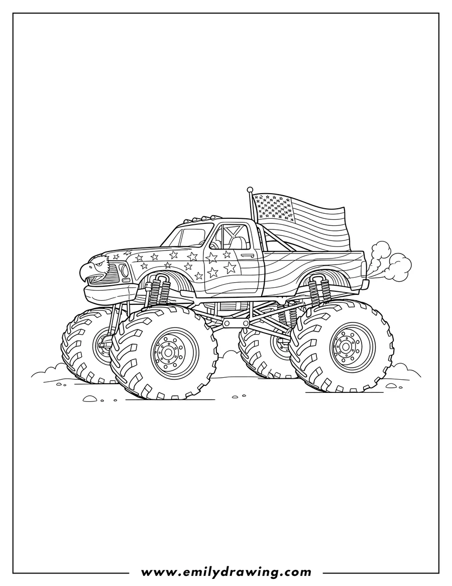 Downloadable coloring page of usa Monster Truck coloring page, side view